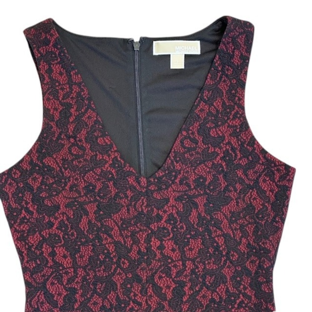 Michael Kors Bodycon Dress Sleeveless V-Neck Burgundy Black Pattern Lace Size 2 - Picture 6 of 16